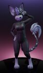 3d_(artwork) absurd_res anthro blep bodysuit canid canine clothing digital_media_(artwork) ear_piercing female fennec_fox fox gesture hair hand_gesture heterochromia hi_res hybrid hyena jumpsuit long_tail mammal mohawk piercing pose purple_hair skinsuit solo standing szogun1980 tail tight_clothing tongue tongue_out true_fox v_sign