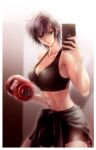  1girl artist_name bike_shorts black_shorts breasts brown_hair cassiopeia_elda cellphone cleavage closed_mouth commentary_request dated dumbbell green_eyes hair_between_eyes highres holding holding_phone kuori_chimaki lips looking_at_phone looking_at_viewer medium_breasts midriff navel official_art phone saint_seiya saint_seiya_saintia_sho short_hair shorts solo sports_bra sweat 