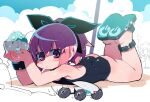  1girl ass black_bow black_swimsuit blush_stickers bow bow_hairband hair_bow hairband highres holding looking_at_viewer lying mouth_hold on_stomach one-piece_swimsuit original ponytail power_symbol purple_eyes purple_hair sandals solo_focus swimsuit zankuro 