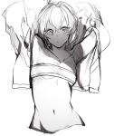  1girl absurdres bandeau bangs blush breasts closed_mouth crossed_bangs greyscale hair_between_eyes hands_up highres looking_at_viewer medium_hair monochrome navel niwamaru_(niwarhythm) niwarhythm original simple_background small_breasts solo strapless tubetop white_background 