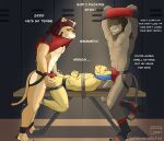 anthro arms_tied_behind_back athletic athletic_dom athletic_male athletic_sub bdsm bench bent_legs body_worship bondage bound bulge bulge_grinding canid canine canis cloth_gag clothing domestic_dog dominant dominant_male english_text felid forced gag group hi_res jockstrap legs_tied lion locker_room male male/male mammal musk musk_worship pantherine profanity smile sportswear submissive submissive_male text trio underwear wolf04_(artist)