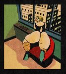 absurd_res air_conditioner anatid anseriform anthro avian big_butt bird black_clothing black_shirt black_tank_top black_topwear blonde_hair butt city clothing digital_media_(artwork) duck female footwear furniture hair halftone hi_res high_heels looking_at_viewer looking_back looking_back_at_viewer pokuyuno239 pose shirt shoes sofa solo tank_top topwear window