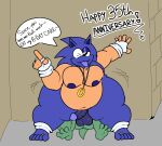 3_toes 5_fingers 5_toes amphibian anal anniversary anthro balls belly big_belly blue_balls blue_body blue_fur blue_nipples blue_penis blue_tongue clothing dialogue digital_media_(artwork) duo english_text eulipotyphlan feet fingerless_gloves fingers frog fur genitals gloves handwear hedgehog humanoid_feet humanoid_genitalia humanoid_penis male male/male mammal moobs navel nipples nude nude_anthro nude_male oral overweight overweight_anthro overweight_male penis pervhog_(slyden'in) plantigrade rimming sega sex slyden'in sonic_the_hedgehog sonic_the_hedgehog_(series) text toes tongue tongue_out wide_hips