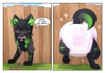 2_panel_comic 4_toes accessory ambiguous_gender big_diaper black_body black_claws black_ears black_fur black_hair black_nose black_pawpads black_sclera black_stripes black_tail black_toe_claws blush blush_lines bodily_fluids border butt butt_focus canid canine canis claws clean_diaper clothed clothing cloud collar comic dialogue diaper diaper_puff ellipsis english_text feather_in_hair feet fence feral flying_sweatdrops frown full-length_portrait fur gradient_fur gradient_hair gradient_tail grass green_body green_fur green_highlights green_inner_ear_fluff green_stripes green_tail grey_body grey_fur grey_inner_ear grey_tail hair hair_accessory hi_res highlights_(coloring) inner_ear_fluff jupiters leash leashed_collar leg_markings looking_back loose_feather mammal markings pawpads pawprint_diaper pink_collar pink_leash plant portrait questioning_ellipsis raised_leg rear_view sky socks_(marking) solo striped_body striped_fur stripes stuck stuck_in_fence sweat sweatdrop sweatdrop_(iconography) tail text text_on_diaper three-quarter_view through_wall toe_claws toes tuft two_panel_image wearing_diaper whisker_spots white_border wide_eyed wolf wood wood_fence worried yuki_(devben98)