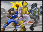 2011 abs anthro aquatic belt big_breasts black_border black_hair blonde_hair boots border bottomwear breasts brown_body brown_fur canid canine canis clothed clothing coyote digital_media_(artwork) female fight footwear fur gloves grey_body grey_fur group hair handwear hit jacket june_coyote lizard male mammal muscular muscular_anthro pinniped punch purple_body purple_scales reptile scales scalie seal shoes stitch_(sewing) tan_body tan_fur topwear travis_seal trio virus-20