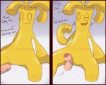 2026 3_fingers 5:4 ambiguous_focus ambiguous_gender biped closed_smile dialogue digital_media_(artwork) disembodied_penis duo elemental_creature english_text erection featureless_feet feet fingers foreskin generation_9_pokemon genitals gholdengo giratina_(artist) glistening glistening_body gold_(metal) gradient_background grinding heart_symbol hi_res humanoid humanoid_genitalia humanoid_penis looking_at_viewer looking_down looking_pleasured male male/ambiguous metal_creature mineral_fauna monotone_body motion_lines mouth_closed nintendo not_furry nude null one_eye_half-closed open_mouth open_smile penis pokemon pokemon_(species) pseudo_hair pupils question_mark shaded shadow simple_background simple_shading sitting smile solo_focus spread_legs spreading text two_panel_image vein veiny_penis yellow_body yellow_eyes yellow_pupils