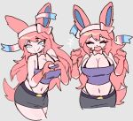 anthro blue_eyes bottomwear bow_ribbon bra_strap bracelet breasts cleavage clothed clothing curvy_figure digital_drawing_(artwork) digital_media_(artwork) eeveelution female flirting generation_6_pokemon gesture hair happy heart_gesture heart_symbol jewelry navel nintendo pink_hair playful pokemon pokemon_(species) skirt solo summer_(oreon_smol) sylveon thong_straps zeemag