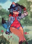 2026 anthro baseball_cap black_highlights blue_eyes blue_hair blurred_background blush blush_lines bodily_fluids bottle bottomwear brand_new_animal canid canine clothed clothing container daisy_dukes denim denim_bottomwear denim_clothing denim_shorts digital_media_(artwork) dipstick_tail facial_markings female flower front_view fur gloves_(marking) grass hair hat head_markings headgear headwear hi_res highlights_(coloring) hoodie hotpants jacket kabatsu leg_markings letterman_jacket looking_at_viewer mammal markings mask_(marking) michiru_kagemori nature nature_background orange_body orange_fur outside plant portrait raccoon_dog red_clothing red_hoodie red_topwear shorts signature sitting sitting_on_grass sitting_on_ground smile smiling_at_viewer socks_(marking) solo studio_trigger sweat sweatdrop tail tail_markings tanuki three-quarter_portrait tipping_hat topwear tulip_(flower) water_bottle
