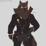 1:1 2023 accessory anthro atmac belt bottomwear brown_body brown_claws brown_eyebrows brown_eyes brown_fur brown_nose brown_pawpads canid canine canis claws clock clothing digital_drawing_(artwork) digital_media_(artwork) eye_scar eyebrows facial_scar front_view fur grey_background gun hair hand_on_hip handgun hi_res holster looking_forward lyall_(lyre) lyre_(visual_novel) male mammal mane necktie pants pawpads pistol pocketwatch ponytail portrait ranged_weapon rifle scar shirt simple_background smile solo standing suit teeth three-quarter_portrait topwear watch weapon whisker_spots whiskers white_sclera wolf