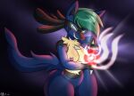 anthro big_breasts blue_body blue_fur breasts canid canine digital_media_(artwork) fan_character fangs female fur fury_spark generation_4_pokemon genitals green_hair hair hi_res hybrid looking_at_viewer lucario mammal nintendo nipples nova_spark novaspark nude pokemon pokemon_(species) simple_background solo tail tail_mouth teeth unusual_anatomy unusual_tail vulva