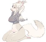 2024 anthro barefoot big_breasts black_nose bodily_fluids breasts canid canine clothing eyelashes eyes_closed feet female fluffy fluffy_tail fur grey_body grey_clothing grey_fur grey_hair grey_shirt grey_t-shirt grey_topwear hair hands_behind_head inner_ear_fluff mammal navel neck_tuft nipple_outline nipples open_mouth panties pawpads pink_inner_ear pink_pawpads seuppi shirt simple_background solo t-shirt tail tears topwear tuft underwear white_background white_body white_fur white_hair white_inner_ear_fluff