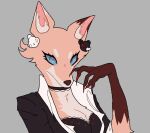 2024 accessory alternate_species anthro blue_sclera bra canid canine choker claws clothed clothing danganronpa danganronpa:_trigger_happy_havoc female fox fur furrification gloves_(marking) grey_background hair_accessory hi_res inner_ear_fluff jewelry junko_enoshima long_claws makeup mammal markings mascara multicolored_body multicolored_fur necklace open_clothing open_shirt open_topwear pink_body pink_fur pink_inner_ear princescar red_claws shirt simple_background solo spike_chunsoft topwear tuft underwear white_inner_ear_fluff