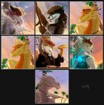 absurd_res anthro belk1n bright_colors canid canine canis detailed_background dragon elemental_creature elemental_dragon evening female feral gold_dragon group hi_res ice_dragon male male/female mammal mythological_creature mythological_scalie mythology pirate plant rodent scalie sciurid ship sky tree tree_squirrel vehicle watercraft wolf