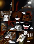 anthro black_body black_fur blindfold brown_hair brown_nose canid canine canis cheek_tuft claws cloak clothing comic crossed_arms dialogue english_text exclamation_point eye_contact facial_tuft felid finger_claws fur fur_tuft grey_body grey_fur grey_nose group hair hi_res holding_feather looking_at_another loose_feather male mammal markings melanistic multicolored_body multicolored_fur pantherine pecs question_mark red_cloak red_clothing restrained sketcher92 smile snow_leopard speech_bubble spots spotted_body spotted_fur talking_to_another teeth text trio tuft white_body white_fur wolf