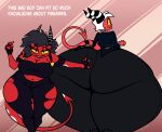 2_horns 4_fingers big_breasts big_butt bottom_heavy bottomwear breasts butt butt_grab butt_squish cleavage clothed clothing demon demon_humanoid duo english_text eyelashes fangy_boyo female femboy fingerless_gloves fingers flustered freckles gesture gloves half-closed_eyes hand_gesture hand_on_butt handwear heart_tattoo hellaverse helluva_boss horn huge_butt huge_thighs humanoid hyper hyper_butt imp long_eyelashes looking_at_viewer male male_focus middle_finger midriff millie_(helluva_boss) moxxie_(helluva_boss) narrowed_eyes not_furry pants pear-shaped_figure rear_view red_body red_skin sharp_teeth shocked simple_background smug_grin spade_tail squish tail talking_to_viewer tattoo teeth text thick_thighs torn_bottomwear torn_clothing torn_pants wide_hipped_female wide_hipped_male wide_hips yellow_sclera