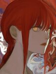  1girl @_@ abstract abstract_background chainsaw_man face highres long_hair looking_at_viewer makima_(chainsaw_man) noroma02 parted_lips red_hair red_lips solo upper_body yellow_eyes 