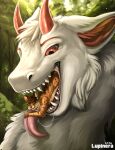 anthro bodily_fluids detailed detailed_mouth dragon drooling duo extreme_size_difference felid feline feral forest_background fur furred_dragon furred_scalie hi_res imminent_vore lupinera male male/male male_pred male_prey mammal mawplay mythological_creature mythological_scalie mythology on_tongue open_mouth orange_body painting_(artwork) pink_tongue predator/prey red_eyes saliva saliva_on_tongue saliva_string scalie serval size_difference soft_vore teeth tongue vore white_body white_fur willing_pred willing_prey
