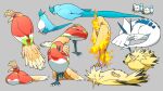  articuno bird closed_eyes closed_mouth commentary fire gen_1_pokemon gen_2_pokemon gen_3_pokemon grey_background highres ho-oh komepan legendary_pokemon lying moltres no_humans on_back on_stomach pokemon pokemon_(creature) simple_background standing standing_on_one_leg talons wingull zapdos 