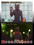 2026 2_panel_comic anthro bandage bandaged_arm bandaged_head bandaged_torso black_body black_fur blood bodily_fluids body_hair bullet_hole casualties:_unknown cave colored_blood depression dipstick_tail english_text expie_(gunsawian) flashlight fur gunsawian half-closed_eyes happy_trail hi_res holding_flashlight holding_object hungry male markings moodles narrowed_eyes nipples nude orange_blood pawpads plant signature smile solo standing tail tail_markings text thirsty unusual_blood unusual_bodily_fluids ventkazemaru video_game_reference wall_(structure) wounded yellow_sclera