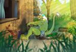 2026 5_fingers 5_toes absurd_res anthro big_diaper blue_diaper building clothed clothing detailed_background diaper diaper_only diaper_squish digital_drawing_(artwork) digital_media_(artwork) dragon feces feet fingers forest_background green_body green_eyes green_skin hair hammer hi_res house long_hair looking_pleasured male muscular muscular_anthro muscular_arms muscular_legs muscular_male mythological_creature mythological_scalie mythology onomatopoeia open_mouth outside plantigrade raised_tail scalie shirtless shirtless_anthro shirtless_male sitting sitting_on_diaper soiled_diaper soiling solo sound_effects stained_diaper syeenyeen tail text toes tongue tongue_out tools topless unclean_diaper used_diaper wearing_diaper white_hair white_sclera