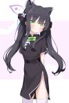  1girl absurdres animal_ears arms_behind_back black_hair blue_archive blush chinese_clothes commentary_request green_eyes halo highres long_hair looking_at_viewer mikisai shun_(blue_archive) simple_background solo thighhighs twintails white_legwear younger 