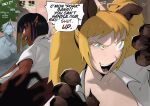 absurd_res angry animal_humanoid big_breasts blonde_hair blue_eyes bottomwear breasts brown_body brown_skin canid canid_humanoid canine canine_humanoid clothed clothed_female clothed_humanoid clothing dark_body dark_skin detailed_background dog_humanoid ear_piercing elf english_text female front_view gold_piercing green_text group hair hi_res humanoid imminent_vore insulting_another light_body light_skin lips long_hair mammal mammal_humanoid open_mouth outside piercing pink_body pink_skin pink_text pink_tongue plant profanity public rasha_(artist) school school_uniform sharp_teeth shirt skirt smug speech_bubble talking_to_another teeth text tongue tongue_piercing topwear tree twintails_(hairstyle) uniform white_clothing white_shirt white_topwear yellow_eyes yellow_lips