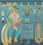 2022 3_toes abs absurd_res accessory anthro areola arm_spikes arm_tattoo ball_tuft balls black_claws black_finger_claws blue_body blue_eyes blue_scales blue_sclera capcom chest_tuft claws color_swatch ear_piercing electricity erection fanged_wyvern feet finger_claws front_view genitals grey_hair hair hair_accessory hairband hand_on_hip hand_on_own_hip hi_res horn industrial_piercing joseph_(lunarnobis) knot knotted_penis long_hair long_tail lunarnobis male model_sheet monster_hunter muscular muscular_male nipples nude penis piercing pink_areola pink_nipples ponytail rear_view scales scar shoulder_spikes signature solo spiked_tail spikes spikes_(anatomy) standing stated_age stated_gender stated_height tail tattoo toe_claws toes tuft ventral_scales zinogre