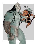 abs alien black_hair bottomwear carrying_another clothed clothing codpiece dek_(predator) dreadlocks duo fangs grabbing_another hair hi_res humanoid kasumiro loincloth male mandibles mask pecs predator:_badlands predator:_killer_of_killers_(film) predator_(franchise) prosthetic prosthetic_limb pseudo_hair scales size_difference teeth yautja