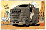 2024 acme_products ambiguous_gender anthro avian beep bird canid canine canis car coyote cuculiform david_pope duo english_text gas_station looney_tunes mammal new_world_ground_cuckoo peter_dutton political_cartoon politics road_runner_(looney_tunes) roadrunner text vehicle warner_brothers wile_e._coyote