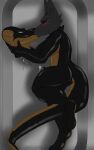 5:8 anthro bathroom bathtub blush bodily_fluids canid canine canis clothing cobra costume cum dizrahk_(artist) eyes_closed genital_fluids hi_res jackal kissing latex latex_clothing latex_skinsuit making_out male mammal reptile scalie skinsuit snake solo tight_clothing