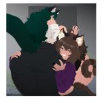 abdominal_bulge absurd_res animal_humanoid belly big_belly big_breasts big_butt black_bottomwear black_clothing black_nails black_pants bodily_fluids body_worship bottomwear breast_squish breasts brown_hair butt butt_worship cat_humanoid cheyann_(iamregretnothing) clothed clothed_female clothed_humanoid clothing coco_(kittycoco) colored_nails detailed_background digestion digestion_noises door dripping drooling duo felid felid_humanoid feline feline_humanoid female female_pred fluffy fluffy_tail freckled_face freckles green_hair green_tail grin hair hand_on_butt hi_res holding_butt huge_belly huge_butt humanoid humanoid_pred iamregretnothing inside leaning leaning_forward leaning_on_wall light_body light_skin long_hair looking_at_viewer looking_back looking_back_at_viewer mammal mammal_humanoid nails onomatopoeia orange_eyes pants pink_body pink_skin pupils rear_view saliva saliva_drip shirt slit_pupils smile sound_effects squish tail text thick_thighs topwear vore white_clothing white_shirt white_topwear wide_hips