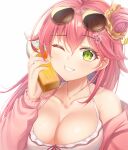  1girl blush bottle breasts cheek_squash chisi cleavage eyebrows_visible_through_hair eyewear_on_head green_eyes hair_ornament hairpin hololive jacket jewelry necklace open_clothes open_jacket orange_juice pink_hair sakura_miko smile sunglasses teeth virtual_youtuber white_background 