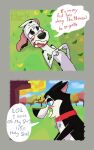 101_dalmatian_street 101_dalmatians 5:8 absurd_res blush canid canine canis collar comic dalmatian dialogue disney domestic_dog duo dylan_(101_dalmatians) english_text feral fur hansel_(101_dalmatians) hi_res husky male male/male mammal multicolored_body multicolored_fur nordic_sled_dog spitz spots text wanderer-w0olf white_body white_fur