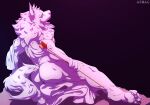 2025 5_fingers 5_toes anthro arrow_(weapon) atmac butt canid canine canis cel_shading claws digital_drawing_(artwork) digital_media_(artwork) eye_scar facial_scar feet fingers full-length_portrait hi_res looking_up lyall_(lyre) lying lyre_(visual_novel) male mammal mane nude pawpads portrait purple_background ranged_weapon rear_view scar sculpture shaded simple_background solo statue toes weapon whisker_spots wolf yellow_sclera