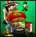 2008 anthro beard belt beverage big_breasts black_border border bottomwear bovid bowl bra_strap bread breast_expansion breasts brown_body brown_fur bullet bullet_belt canid canine canis caprine cauldron cereal cereal_box clothing container coyote cup cutlery digital_media_(artwork) drinking_glass duo expansion facial_hair female food fur glass glass_container glass_cup goat hair hat hat_feather headgear headwear huge_breasts june_coyote kitchen_utensils larger_male leprechaun loose_feather male mammal navel open_mouth orange_beard orange_facial_hair orange_hair pants pipe pipe_in_mouth plate short size_difference smaller_male spoon teeth toast tools virus-20