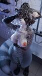 2026 3d_(artwork) 4_toes 9:16 absurd_res anthro bathing big_breasts black_body black_claws black_fur black_nose breasts claws digital_media_(artwork) digitigrade eyes_closed feet female floor fur gloves_(marking) grey_body grey_fur grey_hair hair hand_on_head hi_res in_shower inner_ear_fluff inside mammal markings nipples nude procyonid raccoon red_nipples shower showering solo thick_thighs tile tile_floor tile_wall toe_claws toes tuft twitchyanimation val_(twitchyanimation) wall_(structure) wet white_body white_fur white_inner_ear_fluff wide_hips