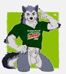 2026 5_fingers animal_genitalia animal_penis anthro ball_tuft balls big_balls biped black_nose border bottomless bottomless_anthro bottomless_male canid canine canine_genitalia canine_penis canis clothed clothing dated eye_scar facial_scar ferankee_(artist) fingers front_view fully_sheathed genitals green_background green_sclera grey_balls grin hand_on_hip hi_res hip_tilt male male_anthro mammal mountain_dew one_eye_closed pantsless penis penis_tip print_clothing print_shirt print_t-shirt print_topwear pubes scar seductive sheath shirt simple_background smile smiling_at_viewer solo t-shirt teeth topwear tuft white_border wolf