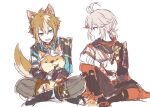  2boys absurdres animal animal_ears antenna_hair armor bangs black_gloves blue_eyes brown_hair dog fox_boy fox_ears fox_tail genshin_impact gloves gorou_(genshin_impact) hair_between_eyes highres japanese_armor japanese_clothes kaedehara_kazuha male_focus multicolored_hair multiple_boys on_lap open_mouth ponytail red_eyes red_hair ryu_genshin77 simple_background sitting sketch streaked_hair tail taroumaru_(genshin_impact) white_background white_hair 