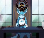 2025 anthro belt blue_body blue_eyes blue_fur blue_inner_ear blue_nose chair clothed clothed_anthro clothed_female clothing crossed_legs day desk detailed_background eeveelution english_text eyelashes female female_anthro fur furniture generation_4_pokemon glaceon glaisha_(odeko-yma) gloves_(marking) hi_res inside lamp markings mouth_closed name_tag nameplate nintendo odeko-yma office office_chair pokemon pokemon_(species) pokemon_mystery_dungeon pokemorph sitting solo spike_chunsoft table tail text white_clothing white_text window