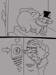 2_panel_comic accessory annoying_dog_(undertale) anthro anus balls beanie big_butt big_penis biped butt canid canine canis clothing comic confusion crazymazies dachshund deltarune digital_media_(artwork) domestic_dog duo english_text facial_hair female female_anthro feral genitals greyscale hat headgear headwear hi_res huge_penis hunting_dog looking_back male male_feral male_focus mammal mazie_(crazymazies) monochrome mustache necktie penis presenting presenting_hindquarters quadruped question_mark smelly_anus sweater text top_hat topwear trans_(lore) trans_woman_(lore) trick undertale_(series)