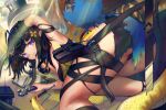  1girl antenna_hair arknights armpits ass bag belt_buckle bird black_gloves black_hair blue_eyes blue_hair blurry blurry_background buckle eunectes_(arknights) feet_out_of_frame gloves hair_ornament hairclip high_priest_(arknights) highres kneeling lamp light_bulb medium_hair multicolored_hair open_mouth plastic_bag pouch red_hair sakrad screwdriver solo tail thigh_strap twitter_bird wrench 