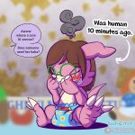 1:1 absurd_res age_regression bandai_namco blurred_background blush clean_diaper diaper digimon digimon_(species) dinosaur dragon dustyerror english_text eyewear glasses hi_res mental_changes mythological_creature mythological_scalie mythology prehistoric_species reptile scalie teasing text trans_(lore) trans_woman_(lore) transformation veemon