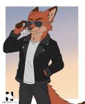 anthro aviator_glasses bottomwear brown_body brown_fur canid canine cigarette cigarette_in_mouth clothed clothing disney eyewear fox fur glasses hand_in_pocket hand_on_glasses hi_res jacket lit_cigarette male mammal nick_wilde object_in_mouth open_clothing open_jacket open_topwear orange_body orange_fox orange_fur pants pockets portrait red_body red_fox red_fur shirt simple_background smile smoking smoking_cigarette solo sunglasses tan_body tan_fur three-quarter_portrait topwear true_fox undershirt zangokunatenshi zootopia