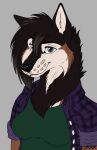 anthro blue_eyes breasts brown_body brown_fur brown_hair canid canine canis clothing countershading female fur hair half-length_portrait hi_res mammal pattern_clothing pattern_shirt pattern_topwear plaid plaid_clothing plaid_shirt plaid_topwear portrait shirt signature smile smiling_at_viewer solo spirit_chavez topwear truspirit white_body white_fur wolf