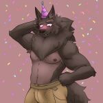 1:1 2023 5_fingers anthro armpit_hair athletic atmac belt blush blush_lines body_hair bottomwear brown_body brown_eyebrows brown_eyes brown_fur brown_nipples brown_nose canid canine canis clothed clothing confetti digital_media_(artwork) digital_painting_(artwork) drunk erection erection_under_clothing eye_scar eyebrows facial_scar fingers front_view fur hand_behind_head hand_on_hip hat headgear headwear hi_res looking_down lyall_(lyre) lyre_(visual_novel) male mammal mane navel nipples painting_(artwork) pants party_hat pink_background portrait scar simple_background smile solo substance_intoxication teeth three-quarter_portrait topless wolf yellow_bottomwear yellow_clothing