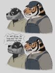 3:4 anthro badger belly black_body black_fur blue_clothing bodily_fluids bomb clothing duo echo_(series) echo_project english_text explosion explosives felid feng_yaolin fum4ca1 fur good_boy grey_body grey_fur hi_res male male/male mammal meme miner musclegut muscular mustelid musteline nikolai_krol orange_body orange_fur overalls overweight pantherine pecs slightly_chubby slightly_chubby_male tears text the_smoke_room tiger white_body white_fur yellow_clothing