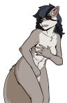 2026 alpha_channel anthro blue_eyes breasts canid canine canis covering covering_self dark_hair eye_patch eyewear female fluffy fur grey_body grey_fur hair hi_res long_hair mammal nude portrait sillyvladek solo three-quarter_portrait upset volka white_body white_fur wolf