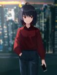  1girl absurdres antenna_hair bangs blue_pants blurry building casual city closed_mouth hair_between_eyes highres holding holding_phone honkai_(series) honkai_impact_3rd k_m long_sleeves looking_to_the_side outdoors pants phone red_eyes red_hair red_shirt rooftop seele_(alter_ego) seele_vollerei shirt short_hair skyscraper smile solo 