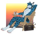 adirondack_chair anthro beverage biped boombox border container countershade_face countershade_torso countershading cup digital_media_(artwork) digitigrade erection eyes_closed felid feline genitals glans glass glass_container glass_cup gloves_(marking) gradient_background ice leg_markings lynx male mammal markings musical_note musical_symbol nude pawpads penis pink_penis pointy_ears prick_ears simple_background sitting socks_(marking) solo spots spotted_body striped_straw symbol triangle_nose wayworn white_border