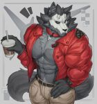 abs absurd_res american_mythology anthro belt bone bone_mask bottomwear clothed clothing collar container cup digital_media_(artwork) disposable_cup fur grey_body grey_fur hand_on_hip hi_res holding_container holding_cup holding_object indigenous_north_american_mythology jacket male mask mixterart muscular muscular_anthro muscular_male mythology north_american_mythology open_clothing open_jacket open_topwear pants pecs red_clothing red_jacket red_topwear skull skull_accessory skull_mask solo tail topwear wendigo